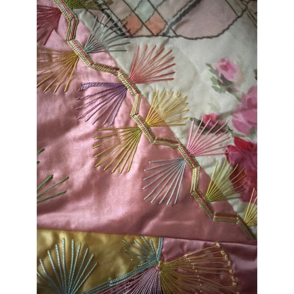 Handmade Quilt Multicolor Silk Satin Crazy Quilt Hand Embroidered Fans
